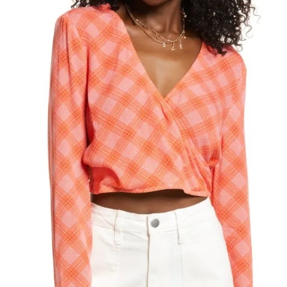 BP. Women's Surplice V-Neck Crop Top in Pink-Red Ian Bias Plaid - Sz M - Picture 11 of 11